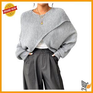 Lightweight Asymmetrical Wrap Cropped Sweater Puff Sleeve Chic Fall Tops